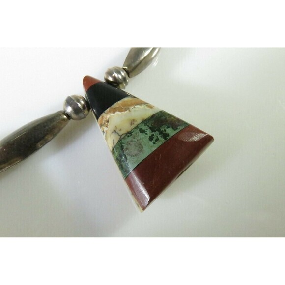 Beautiful Inlaid Stone Tab Choker Necklace With Sterling Silver Pearls & Melons - Picture 4 of 12